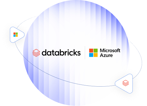 Databricks and Microsoft Azure logos shown on a purple gradient circle with orbiting lines in a collaboration graphic.